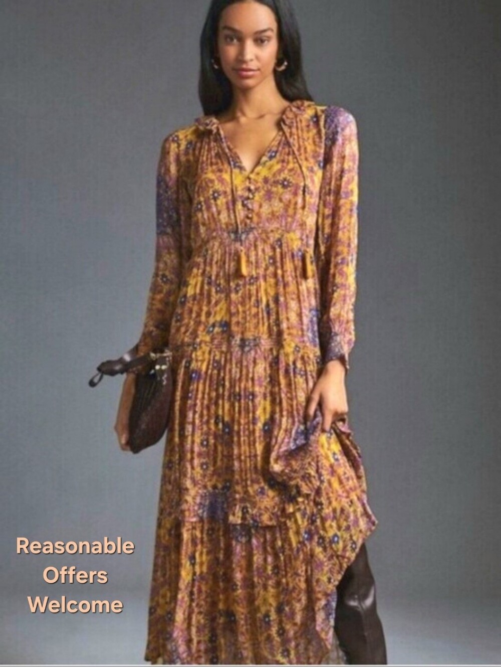 Anthropologie Purple and Mustard Floral Maxi Dress
